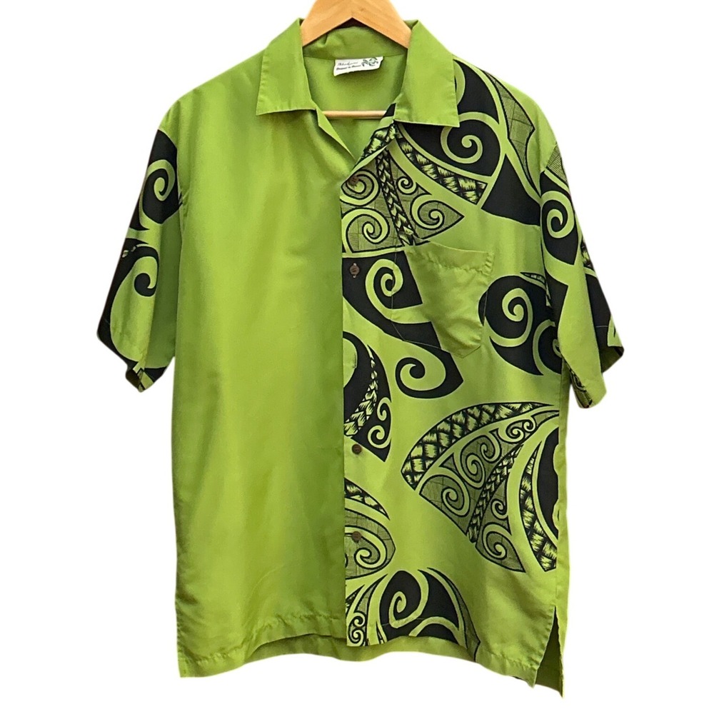 Vintage Makani Hawaiian Shirt Tribal Graphic Print Lime Green Tiki Surf Retro